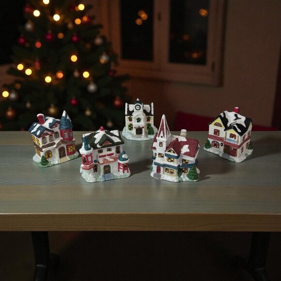 Woolworth 5Pc Porcelain House Night Light Set Snowy Village Christmas Vintage - Picture 1 of 16